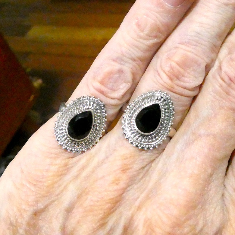 Black Onyx Ring | Faceted Teardrop | 925 Sterling Silver | Detailed setting | US Size 7 | US Size 8 | Personally Empowering | Genuine Gems from Crystal Heart Melbourne Australia since 1986