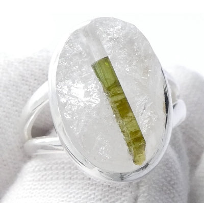 Green Tourmaline in Clear Quartz Ring | Oval Cabochon | Natural | US Size 8.5 | AUS Size LQ/2 | 925 Sterling Silver | Crystal Heart Melbourne Australia since 1986