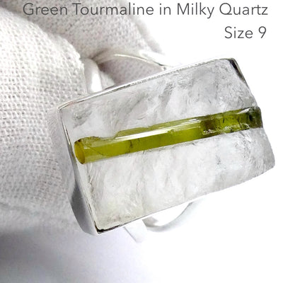 Green Tourmaline in Clear Quartz Ring | Oblong Cabochon | Raw Surface | US Size 9 | AUS Size R1/2 | 925 Sterling Silver | Crystal Heart Melbourne Australia since 1986