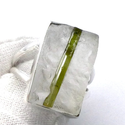 Green Tourmaline in Clear Quartz Ring | Oblong Cabochon | Raw Surface | US Size 9 | AUS Size R1/2 | 925 Sterling Silver | Crystal Heart Melbourne Australia since 1986