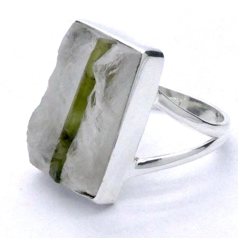 Green Tourmaline in Clear Quartz Ring | Oblong Cabochon | Raw Surface | US Size 9 | AUS Size R1/2 | 925 Sterling Silver | Crystal Heart Melbourne Australia since 1986