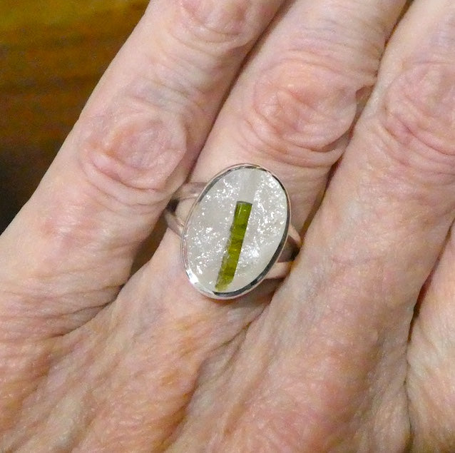 Green Tourmaline Crystal in Quartz Ring, 925 Sterling Silver, Size 8.5