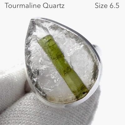 Green Tourmaline in Clear Quartz Ring | Teardrop Cabochon | Raw Surface | US Size 6.5 | AUS Size M1/2 | 925 Sterling Silver | Crystal Heart Melbourne Australia since 1986