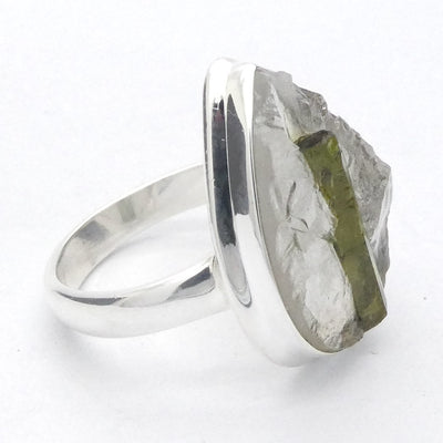 Green Tourmaline in Clear Quartz Ring | Teardrop Cabochon | Raw Surface | US Size 6.5 | AUS Size M1/2 | 925 Sterling Silver | Crystal Heart Melbourne Australia since 1986