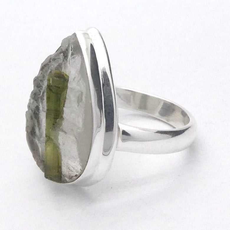 Green Tourmaline in Clear Quartz Ring | Teardrop Cabochon | Raw Surface | US Size 6.5 | AUS Size M1/2 | 925 Sterling Silver | Crystal Heart Melbourne Australia since 1986