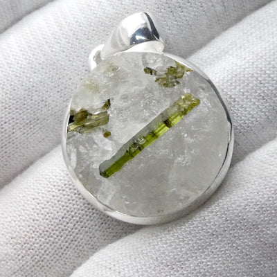 Green Tourmaline in Clear Quartz Pendant | Raw Circle | 925 Sterling Silver | Genuine Gemstones from Crystal Heart Melbourne Australia since 1986