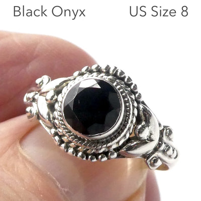Black Onyx Ring | Faceted Round | 925 Sterling Silver | Detailed setting | US Size 8 | Aus P1/2 | Personally Empowering | Genuine Gems from Crystal Heart Melbourne Australia since 1986
