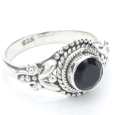 Black Onyx Ring | Faceted Round | 925 Sterling Silver | Detailed setting | US Size 8 | Aus P1/2 | Personally Empowering | Genuine Gems from Crystal Heart Melbourne Australia since 1986