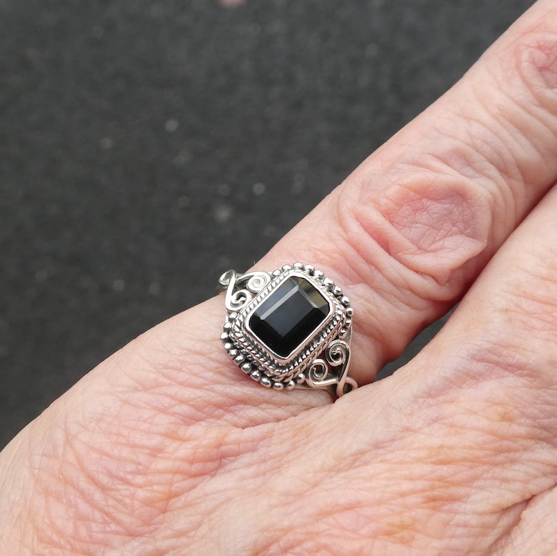 Black Onyx Ring | Faceted Oblong | 925 Sterling Silver | Detailed setting | US Size 6 | Aus L1/2 | Personally Empowering | Genuine Gems from Crystal Heart Melbourne Australia since 1986