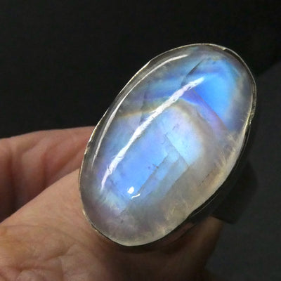 Rainbow Moonstone Ring | Oval Cabochon | Blue Gold Turquoise Flash | 925 Sterling Silver | Scalloped Bezel Setting | US Size 7.75 | AUS Size P |Genuine Gems from Crystal Heart Melbourne Australia est 1986