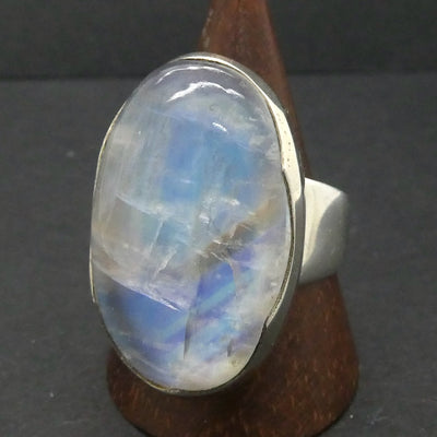 Rainbow Moonstone Ring | Oval Cabochon | Blue Gold Turquoise Flash | 925 Sterling Silver | Scalloped Bezel Setting | US Size 7.75 | AUS Size P |Genuine Gems from Crystal Heart Melbourne Australia est 1986