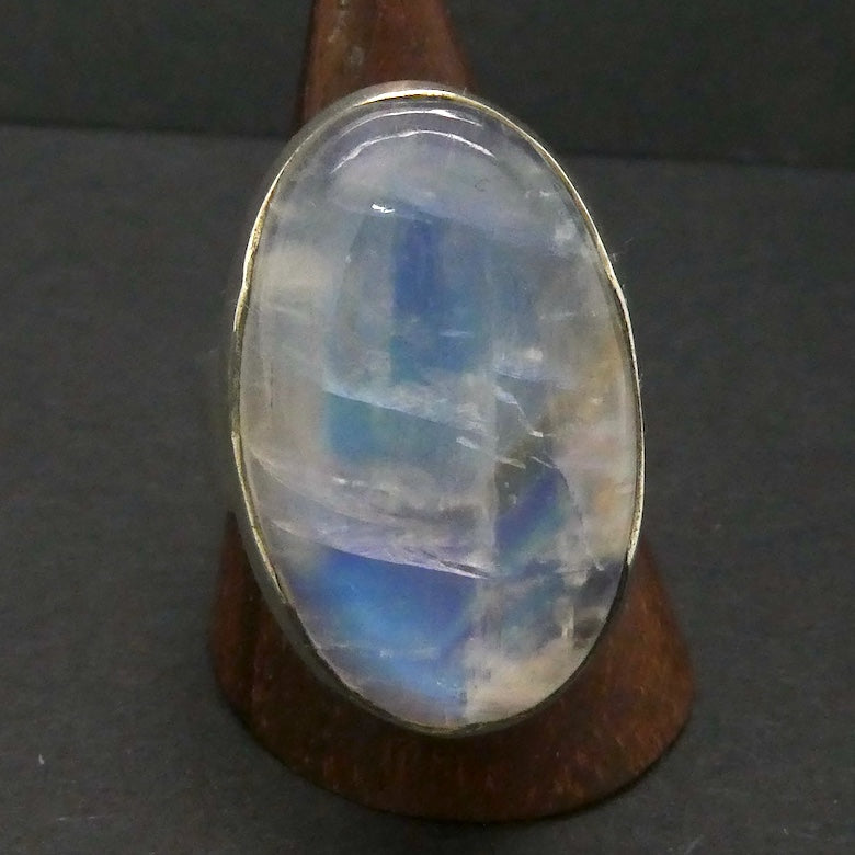Rainbow Moonstone Ring | Oval Cabochon | Blue Gold Turquoise Flash | 925 Sterling Silver | Scalloped Bezel Setting | US Size 7.75 | AUS Size P |Genuine Gems from Crystal Heart Melbourne Australia est 1986