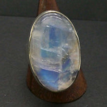 Load image into Gallery viewer, Rainbow Moonstone Ring | Oval Cabochon | Blue Gold Turquoise Flash | 925 Sterling Silver | Scalloped Bezel Setting | US Size 7.75 | AUS Size P |Genuine Gems from Crystal Heart Melbourne Australia est 1986