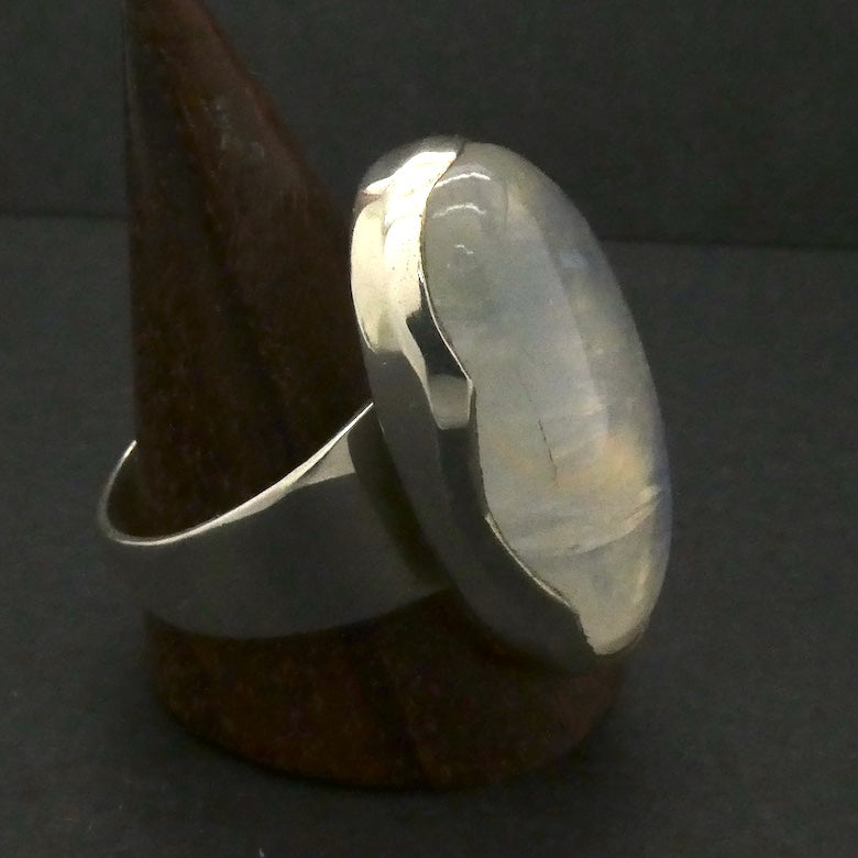 Rainbow Moonstone Ring | Oval Cabochon | Blue Gold Turquoise Flash | 925 Sterling Silver | Scalloped Bezel Setting | US Size 7.75 | AUS Size P |Genuine Gems from Crystal Heart Melbourne Australia est 1986