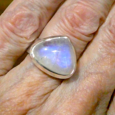 Rainbow Moonstone Ring | Oval Cabochon | Ghost Blue Flash | 925 Sterling Silver | Bezel Set | US Size 8.75 | AUS Size R | Crystal Heart Melbourne est 1986