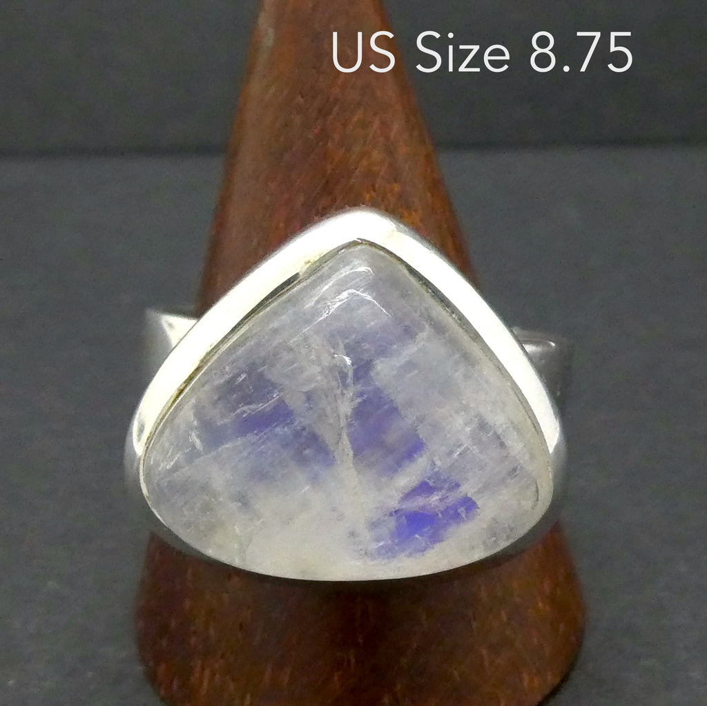 Rainbow Moonstone Ring | Oval Cabochon | Ghost Blue Flash | 925 Sterling Silver | Bezel Set | US Size 8.75 | AUS Size R | Crystal Heart Melbourne est 1986