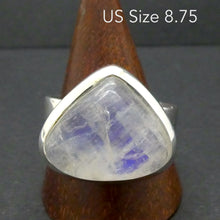 Load image into Gallery viewer, Rainbow Moonstone Ring | Oval Cabochon | Ghost Blue Flash | 925 Sterling Silver | Bezel Set | US Size 8.75 | AUS Size R | Crystal Heart Melbourne est 1986