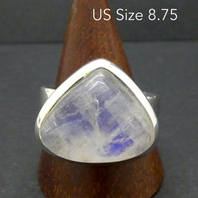 Rainbow Moonstone Ring | Oval Cabochon | Ghost Blue Flash | 925 Sterling Silver | Bezel Set | US Size 8.75 | AUS Size R | Crystal Heart Melbourne est 1986
