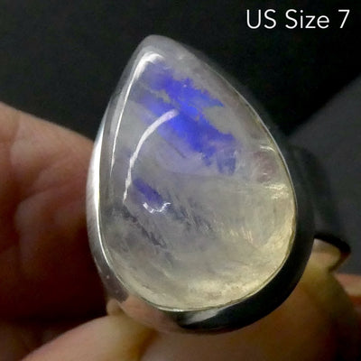 Rainbow Moonstone Ring | Oval Cabochon | Blue Flash | 925 Sterling Silver | Bezel Set | US Size 7 | AUS Size N1/2 | Crystal Heart Melbourne est 1986