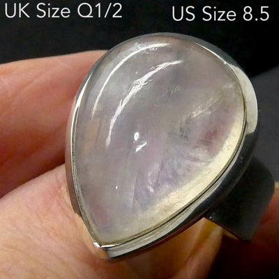 Rainbow Moonstone Ring | Teardrop Cabochon | Blue Flash | 925 Sterling Silver | Bezel Set | US Size 8.5 | AUS Size Q1/2 | Crystal Heart Melbourne est 1986