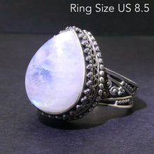 Load image into Gallery viewer, Rainbow Moonstone Ring | Teardop |  Blue Flash | 925 Sterling Silver | Intricate detail | Bezel Set | US Size 8.5 | AUS Size Q1/2 | Crystal Heart Melbourne est 1986