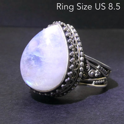 Rainbow Moonstone Ring | Teardop |  Blue Flash | 925 Sterling Silver | Intricate detail | Bezel Set | US Size 8.5 | AUS Size Q1/2 | Crystal Heart Melbourne est 1986