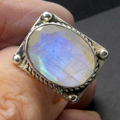 Rainbow Moonstone Ring | Faceted Oval | Blue Flash | 925 Sterling Silver | Intricate Gothic inspired detaI | US SIZE 6, 8, 8.75 | Crystal Heart Melbourne est 1986