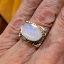 Load image into Gallery viewer, Rainbow Moonstone Ring | Faceted Oval | Blue Flash | 925 Sterling Silver | Intricate Gothic inspired detaI | US SIZE 6, 8, 8.75 | Crystal Heart Melbourne est 1986