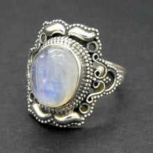 Load image into Gallery viewer, Rainbow Moonstone Ring | Oval Cabochon | clear Blue Flash | 925 Silver | Intricate Ethnic DetaiI | US SIZE 8 | AUS P/1/2 |  Crystal Heart Melbourne est 1986