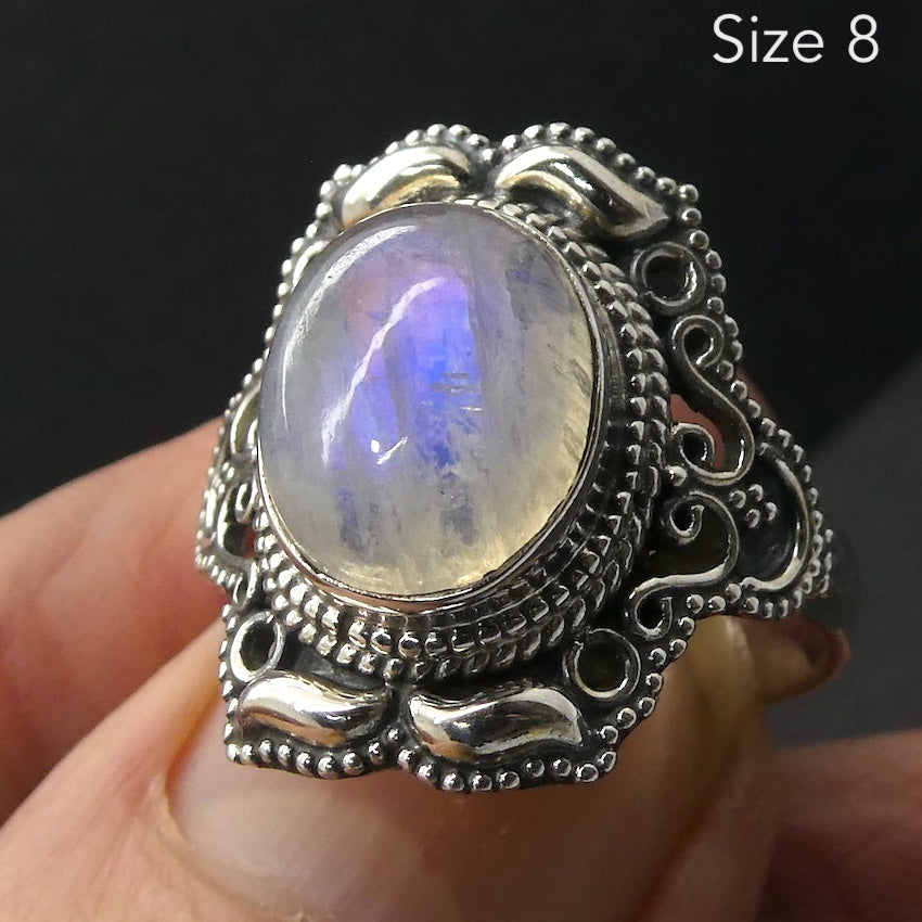Rainbow Moonstone Ring | Oval Cabochon | clear Blue Flash | 925 Silver | Intricate Ethnic DetaiI | US SIZE 8 | AUS P/1/2 |  Crystal Heart Melbourne est 1986
