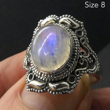 Load image into Gallery viewer, Rainbow Moonstone Ring | Oval Cabochon | clear Blue Flash | 925 Silver | Intricate Ethnic DetaiI | US SIZE 8 | AUS P/1/2 |  Crystal Heart Melbourne est 1986