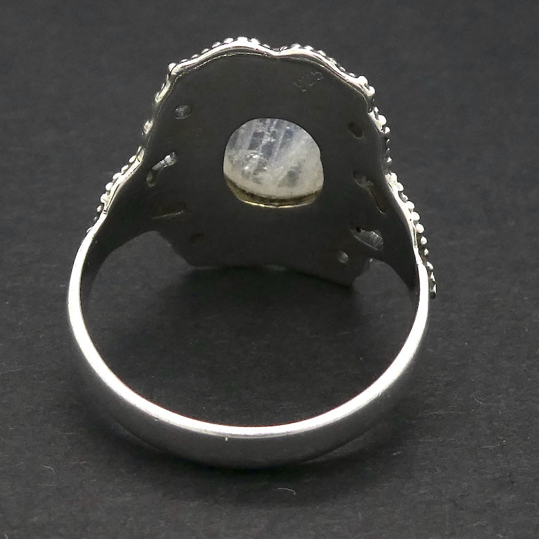 Rainbow Moonstone Ring | Oval Cabochon | clear Blue Flash | 925 Silver | Intricate Ethnic DetaiI | US SIZE 8 | AUS P/1/2 |  Crystal Heart Melbourne est 1986