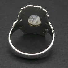 Load image into Gallery viewer, Rainbow Moonstone Ring | Oval Cabochon | clear Blue Flash | 925 Silver | Intricate Ethnic DetaiI | US SIZE 8 | AUS P/1/2 |  Crystal Heart Melbourne est 1986