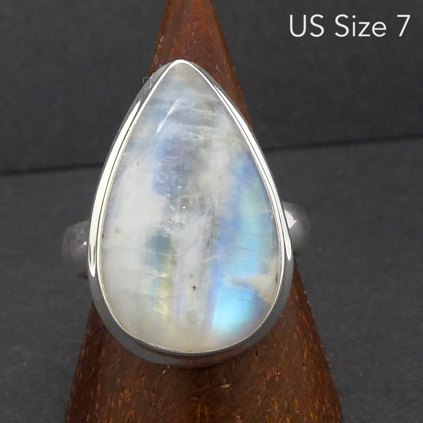 Rainbow Moonstone Ring | Teardrop Cabochon | Clear Blue Flash | 925 Silver | Stepped Bezel | US Size 7 | AUS N/1/2 |  Crystal Heart Melbourne est 1986