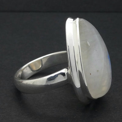 Rainbow Moonstone Ring | Teardrop Cabochon | Clear Blue Flash | 925 Silver | Stepped Bezel | US Size 7 | AUS N/1/2 |  Crystal Heart Melbourne est 1986