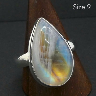 Rainbow Moonstone Ring | Teardrop Cabochon | Clear Blue Flash | 925 Silver | Stepped Bezel | US Size 9 | AUS R/1/2 |  Crystal Heart Melbourne est 1986