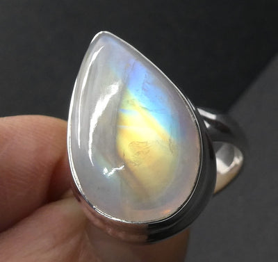 Rainbow Moonstone Ring | Teardrop Cabochon | Clear Blue Flash | 925 Silver | Stepped Bezel | US Size 9 | AUS R/1/2 |  Crystal Heart Melbourne est 1986
