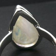 Load image into Gallery viewer, Rainbow Moonstone Ring | Teardrop Cabochon | Clear Blue Flash | 925 Silver | Stepped Bezel | US Size 9 | AUS R/1/2 |  Crystal Heart Melbourne est 1986
