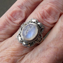 Load image into Gallery viewer, Rainbow Moonstone Ring | Oval Cabochon | clear Blue Flash | 925 Silver | Intricate Ethnic DetaiI | US SIZE 8 | AUS P/1/2 |  Crystal Heart Melbourne est 1986