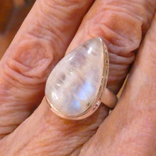 Load image into Gallery viewer, Rainbow Moonstone Ring | Teardrop Cabochon | Clear Blue Flash | 925 Silver | Stepped Bezel | US Size 7 | AUS N/1/2 |  Crystal Heart Melbourne est 1986