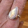 Rainbow Moonstone Ring | Teardrop Cabochon | Clear Blue Flash | 925 Silver | Stepped Bezel | US Size 9 | AUS R/1/2 |  Crystal Heart Melbourne est 1986