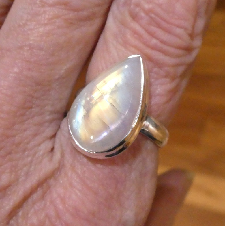 Rainbow Moonstone Ring | Teardrop Cabochon | Clear Blue Flash | 925 Silver | Stepped Bezel | US Size 9 | AUS R/1/2 |  Crystal Heart Melbourne est 1986