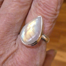 Load image into Gallery viewer, Rainbow Moonstone Ring | Teardrop Cabochon | Clear Blue Flash | 925 Silver | Stepped Bezel | US Size 9 | AUS R/1/2 |  Crystal Heart Melbourne est 1986