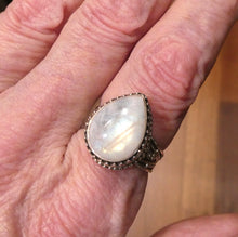 Load image into Gallery viewer, Rainbow Moonstone Ring | Teardop | Blue Flash | 925 Sterling Silver | Intricate detail | Bezel Set | US Size 8.5 | AUS Size Q1/2 | Crystal Heart Melbourne est …