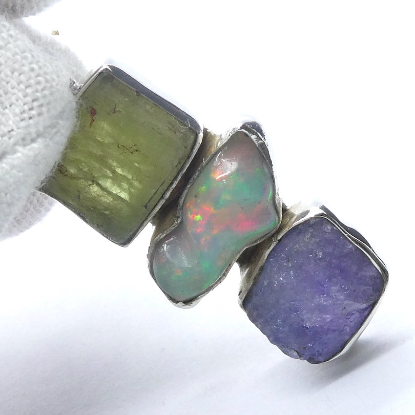Tanzanite Raw Pendant  with Green Kyanite and Ethiopian Opal | 925 Sterling Silver | Achieve and communicate your spiritual potential  | Genuine Gems from Crystal Heart Melbourne since 1986