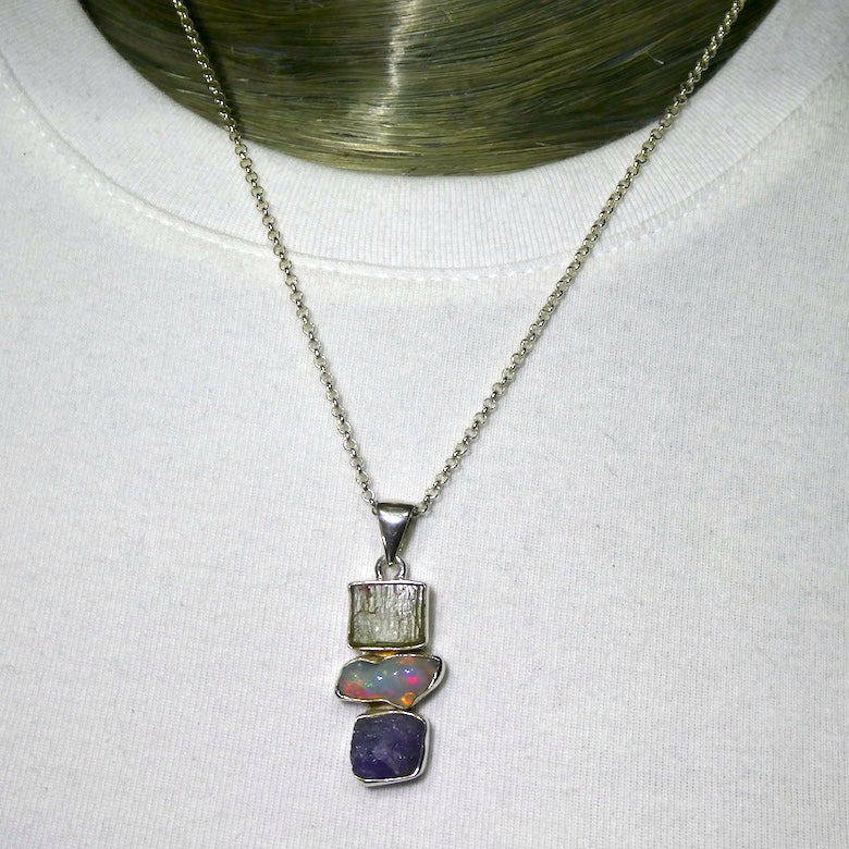 Tanzanite Raw Pendant  with Green Kyanite and Ethiopian Opal | 925 Sterling Silver | Achieve and communicate your spiritual potential  | Genuine Gems from Crystal Heart Melbourne since 1986