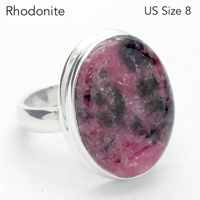 Rhodonite Ring | Deep Pink with Black Veins | Oval Cabochon | US Size 8 | AUS P1/2 | 925 Sterling Silver | Emotionally healing & grounding | Crystal Heart Melbourne Australia est 1986