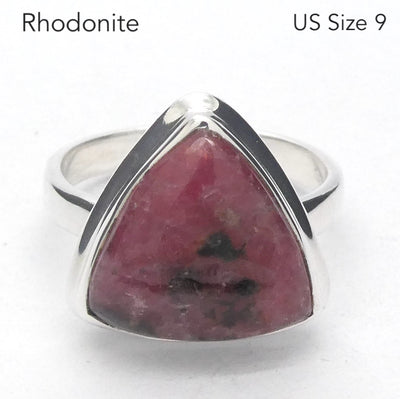 Rhodonite Cabochon Ring | Triangle | Deep Pink with Black Veins |  US Size 9 | AUS PR/2 | 925 Sterling Silver | Emotionally healing & grounding | Crystal Heart Melbourne Australia est 1986