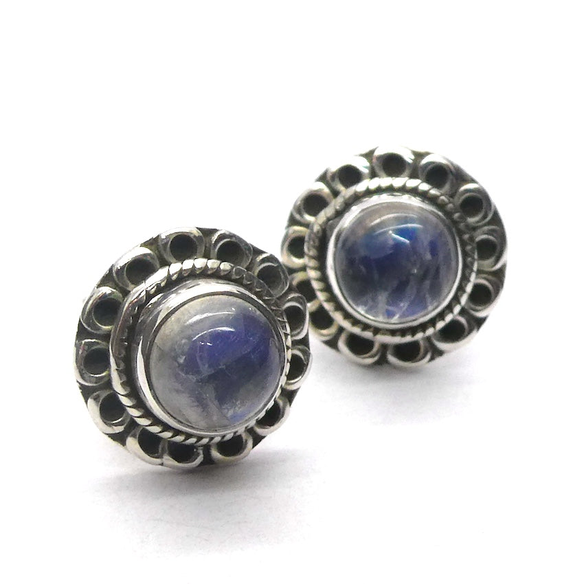 Tanzanite Stud Earring | Round Cab | Wide Ornate Border | 925 Sterling Silver | Purple blue | Reach the Peak of Spiritual Evolution | Genuine Gems at Crystal Heart Melbourne est 1986