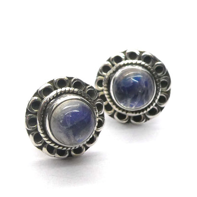 Tanzanite Stud Earring | Round Cab | Wide Ornate Border | 925 Sterling Silver | Purple blue | Reach the Peak of Spiritual Evolution | Genuine Gems at Crystal Heart Melbourne est 1986